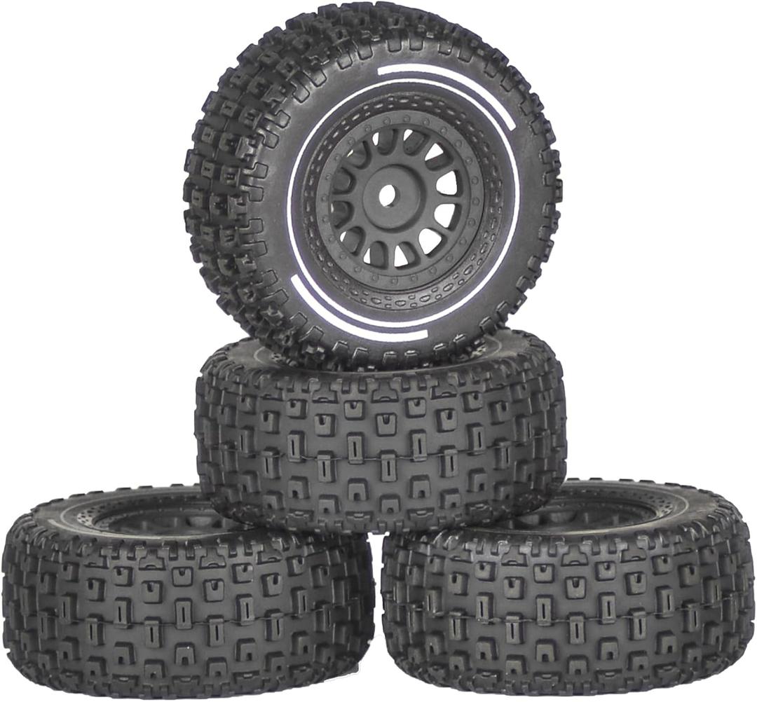 1/16 & 1/18 RC Truck Tires & Wheels - Pre-Glued All-Terrain Tires - 12mm Hex 2.56" OD - Fits for Traxxas Slash, ARRMA Mojave GROM, Tamiya, Kyosho, HPI - Durable Nylon Wheels for On/Off Road Bashing (Black)