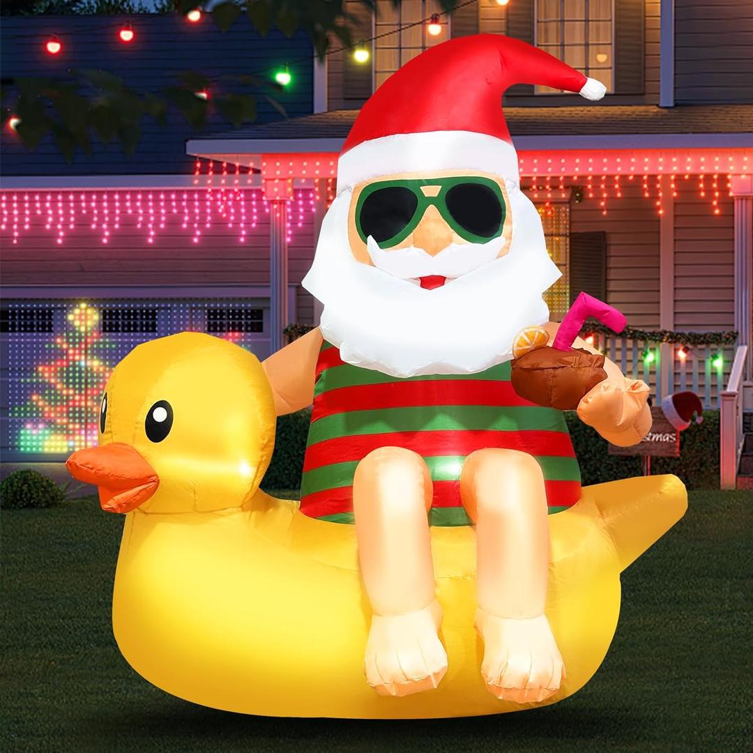 Christmas Inflatable Outdoor Decoration Blow Up 4.5ft Hawaii Santa take Coco Drink Inflate Xmas Decor Cute Blow Up Duck Santa Claus with LED for Outside Yard Garden Lawn Party Decor