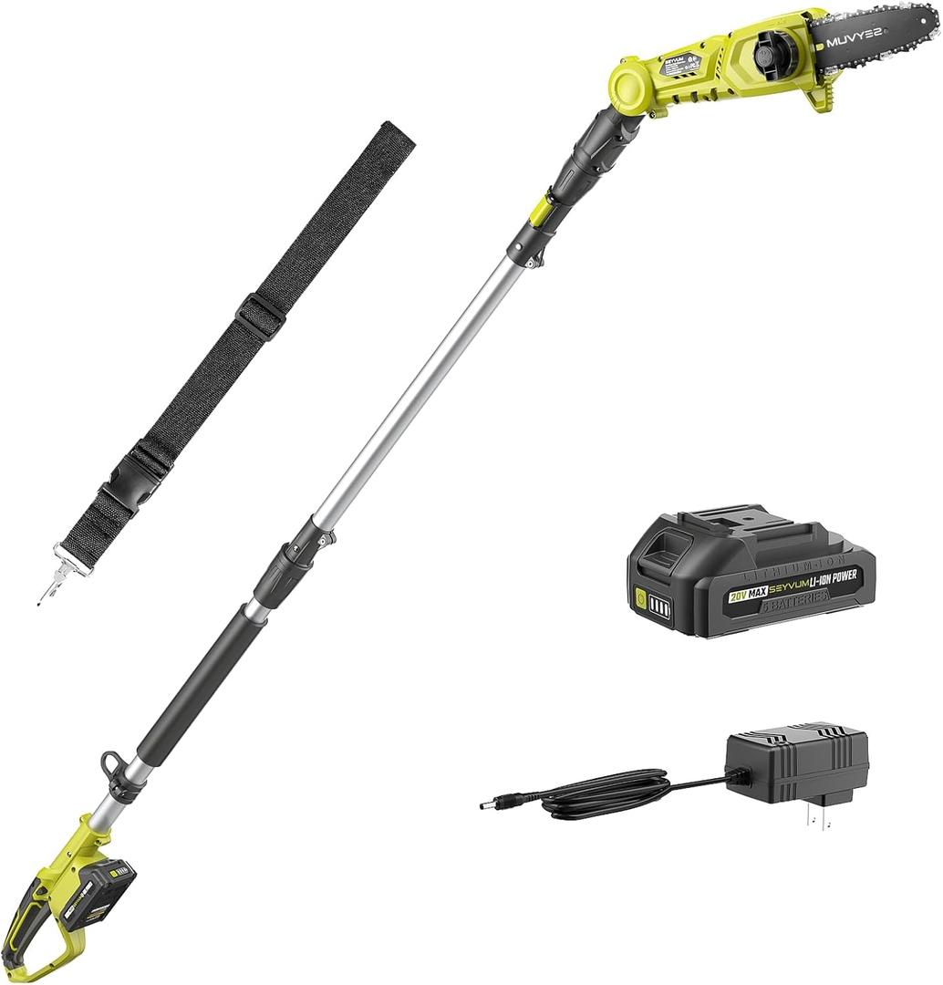 SEYVUM Pole Saw 8-Inch Cordless Pole Saws for Tree Trimming, 15FT Max Reach, Auto Oiling, Multi-Angles, Tool-Free Tensioning Electric Pole Chainsaw, 2.0Ah Battery and Charger Included (Lemon Green)
