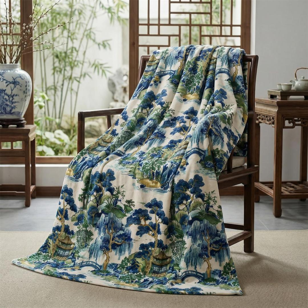 Horaldaily Chinoiserie Blanket Throw, House Trees Vintage Style Mountain Soft Fuzzy Plush Faux Fur Cozy Blankets for Couch Sofa Bed Lounging, Ideal Gifts for Kids Adults Wife Self, 50x60 (Blue)