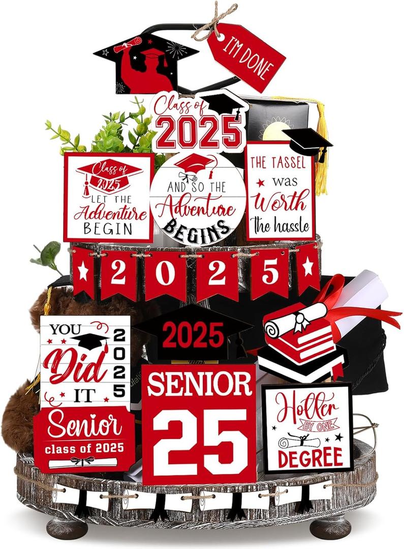22 Pcs 2025 Graduation Tiered Tray Signs Sets Farmhouse Wooden Class of 2025 Graduation Signs for Home Party Tiered Tray Table Office Desk(Red)