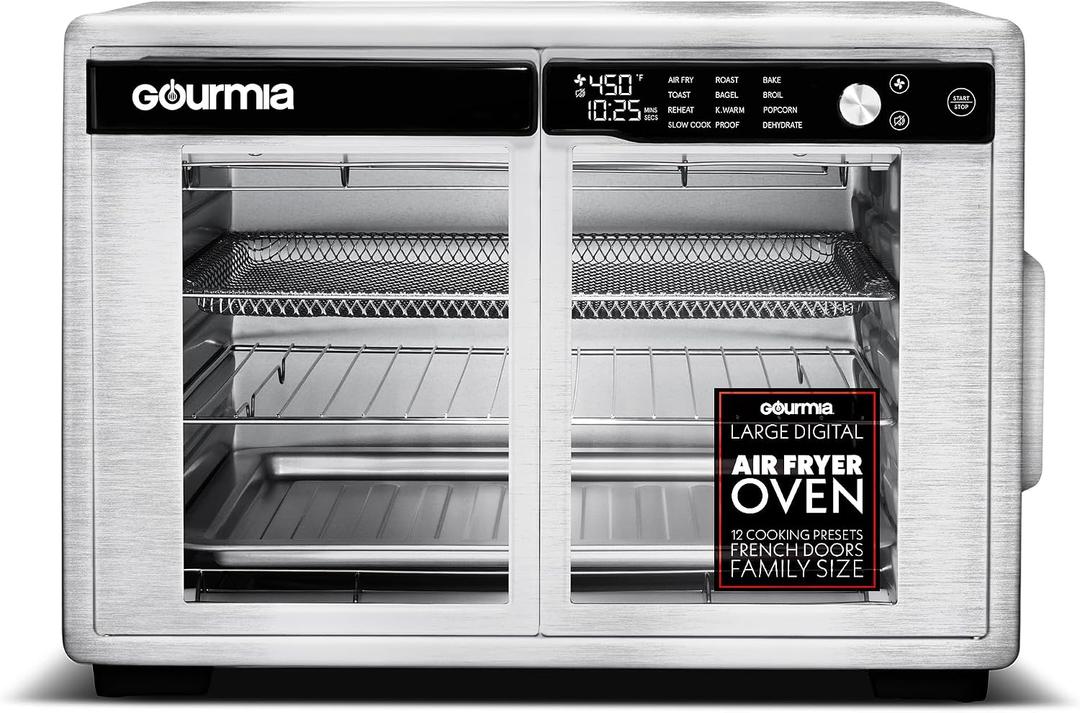 Gourmia French Door Air Fryer Oven - 37 Qt Large Capacity Convection Toaster Oven, FryForce 360, Digital Display, 12 Cooking Presets, Dehydrate, Fits 13 Pizza, Dishwasher-Safe, Stainless Steel
