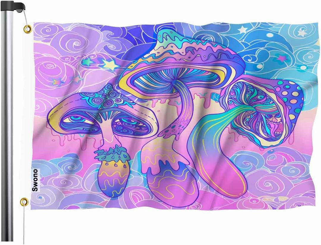 Swono Colorful Mushrooms Flag 3x5 Ft Plant Mushroom Eyes Clouds Floral Circle Flag Outdoor Flag Garden Yard Outdoor Outside Decorative Flag