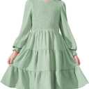 Arshiner Girls Dress Fall Boho Long Sleeve Shirred Smocked Tiered Party Dresses with Pockets (11-12 Y, Sage Green)
