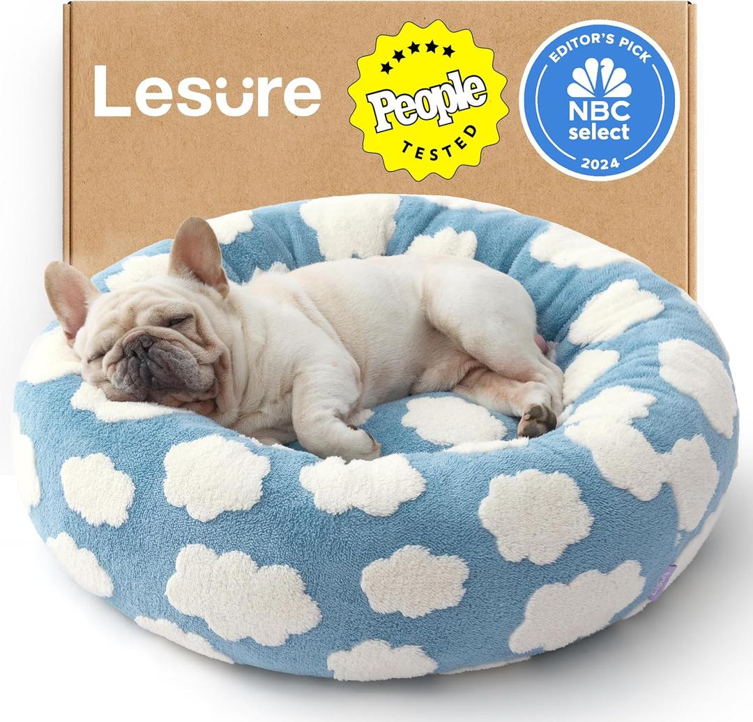 LE SURE Shown on TV Donut Dog Bed Medium Size Dog - Round Cat Beds Indoor as Bed Gift for Calming with Washable Cover, Cute Home Decor Bed with Jacquard Shaggy Plush & Anti Slip Bottom, 30 Inch, Blue (Cozy Clouds Blue)