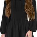 Girls Long Sleeve Square Neck Casual Boho Smocked Short Dresses 5-14 Years (10-12 Years, Black)
