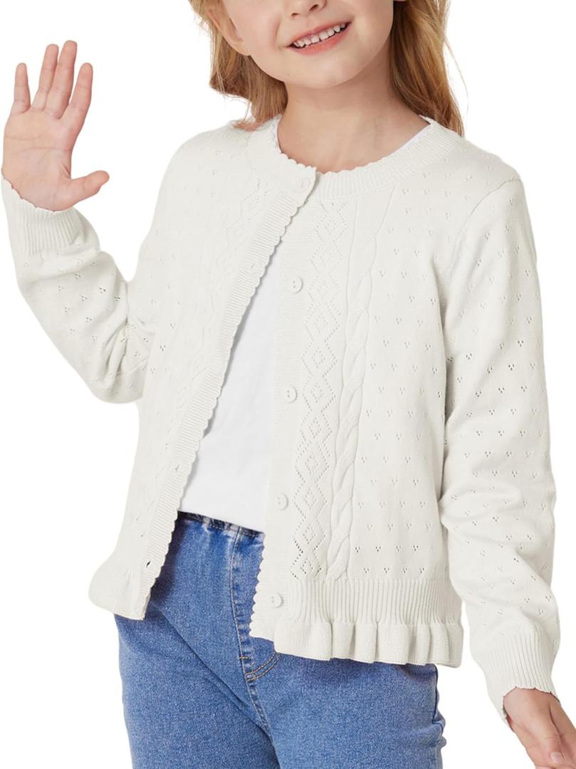GRACE KARIN Girls Long Sleeve Cardigan Sweater Girls Button Closure Knitted Cable Cardigan 6Y  (White)