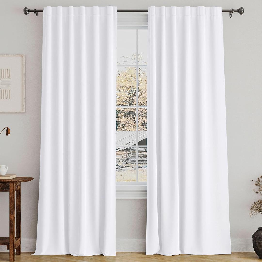 Turquoize White Curtains 96 Inch Long Room Darkening Curtains for Living Room Thermal Insulated Back Tab Rod Pocket Window Treatment Panels Drapes for Bedroom, 52" W x 96" L, Pure White