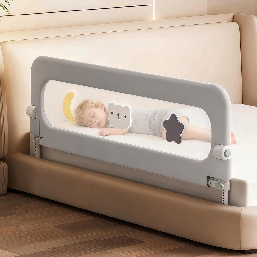 Bed Rail for Toddlers, Foldable Baby Bed Rail Guard, Adjustable, Safety, Convenient, Guard Rails with Twin, Full, Queen& King Size (Grey Cartoon, 59inch)