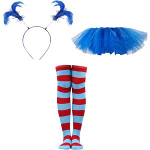 NUMJAW Thing Costumes - Adult Tulle Tutu Costume, Blue Tutu Skirt with Headband, Ponytail, Long Knee High Striped Socks