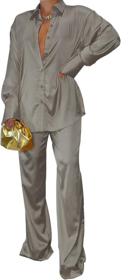 Satin Two Piece Outfits for Women Long Sleeve Lapel Button Down Tops Wide Leg Pants Pajama Set (Small, Grey)