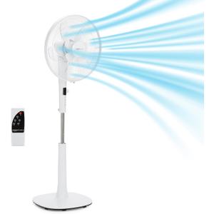 16-inch Quiet DC Motor Standing Floor Fan for Bedroom, 12 Speed with Remote, 3 Breeze Modes, Adjustable Height, Dual-Layered Blades, Timer, Energy Efficient (28W), White