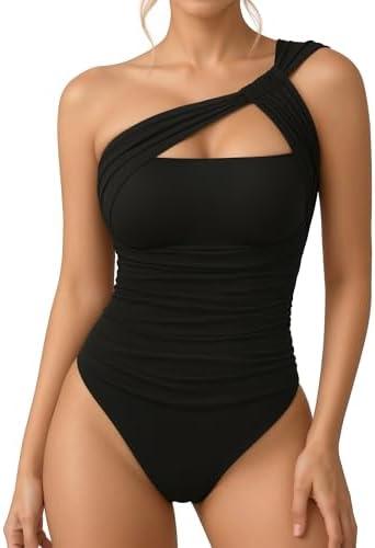 MANGOPOP Women's Asymmetrical One Shoulder Thong Bodysuits Mesh Ruched Backless Body Suit Sexy Going Out Tops XL