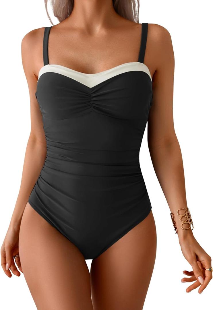 One Piece Swimsuit Tummy Control Color Block Bathing Suits for Women Ruched Slimming Swim Suit Tie Back (Large, Black, White)
