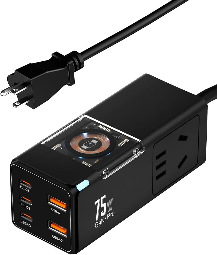 75W PD GaN3 Wall Rapid Charger Extension Cord with 3 U.S. AC Outlets and 1 Watch Wireless Charger, 2 USB-A Ports and 3 USB-C Ports, 9-in-1 Adapter for Office, Bedroom and Home