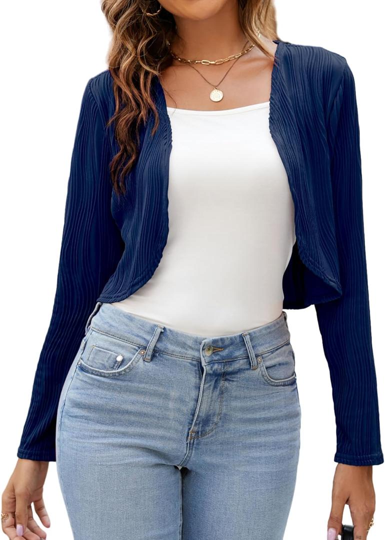 ZAFUL Women's Long Sleeve Ribbed Cropped Cardigan Sweaters Open Front Bolero Short Shrugs S-XXL (Blue, L)