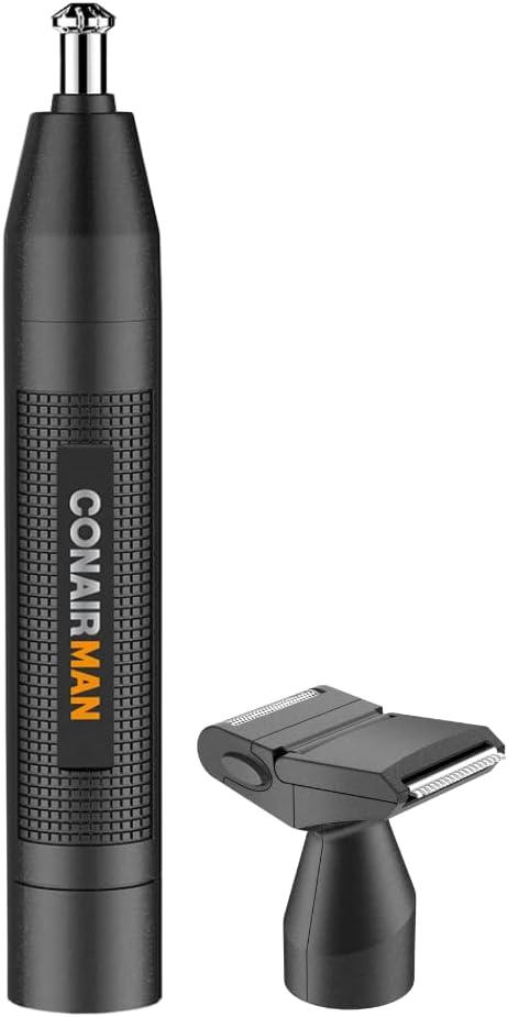 ConairMan Nose Hair Trimmer for Men, For Nose, Ear, and Eyebrows, Patent 360 Bevel Blade for No Pull, No Snag Trimming Experience, Cordless Trimmer 2 piece Set with Detail and Shaver Attachments (1 Count (Pack of 1))