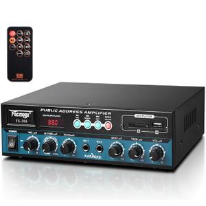 Facmogu FS-206 Public Address Amplifier, 60W Home Compact Public Address Mono Bluetooth Amplifier for PA Speakers, PA Amplifiers System w/FM, BT, LED Display, Remote, USB/AUX/Mic in, 70V/100V Out