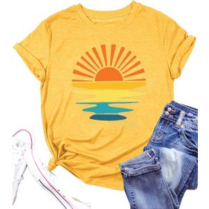 Outdoor Shirts for Women Retro Graphic Print Hiking Mountain T Shirts Summer Comfort Beach Hiking Workout Tee Tops (Medium, Yellow)