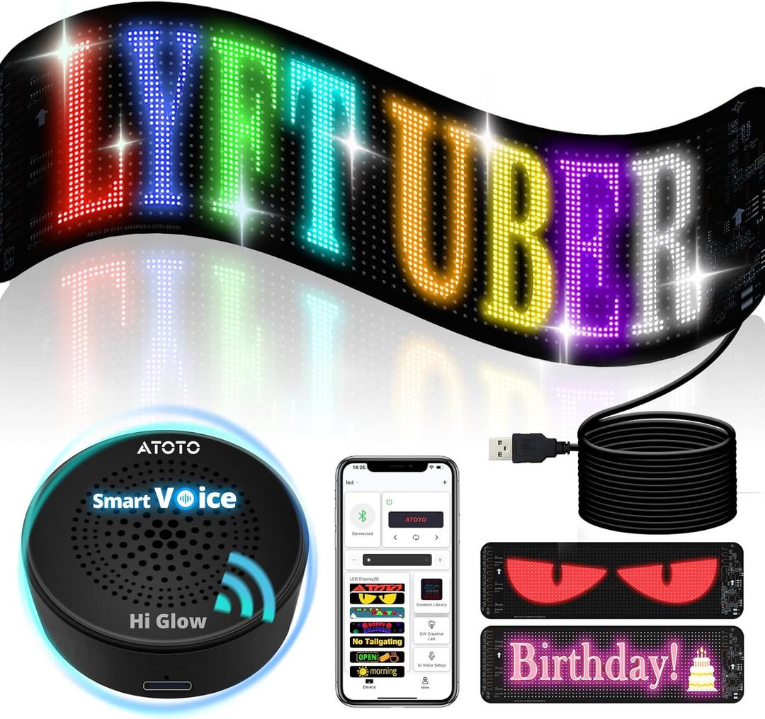 Programmable LED Sign with AI-Voice Control - 19.4''x 4.3'' Scrolling USB 5V Flexible Led Sign for Car, ATOTOEXCEL Bluetooth App Control Custom Text Pattern Animation LED Display for Car Store Programmable LED Sign with AI-Voice Control - 19.4''x 4.3'' Scrolling USB 5V Flexible Led Sign for Car, ATOTOEXCEL Bluetooth App Control Custom Text Pattern Animation LED Display for Car Store