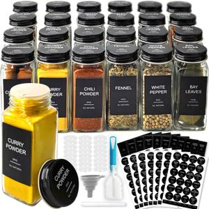24 Pcs Glass Spice Jars with 408 Labels, 4oz Empty Seasoning Bottles Square Containers with Black Metal Caps - Shaker Lids, Funnel, Brush and Marker Included