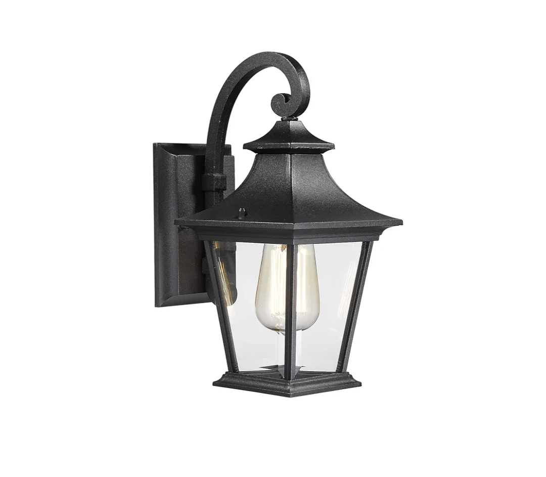 Emliviar Outdoor Porch Light, Modern Outside Wall Light Fixture for House Garage, Clear Glass in Black Finish, 12" Height, XE219B BK