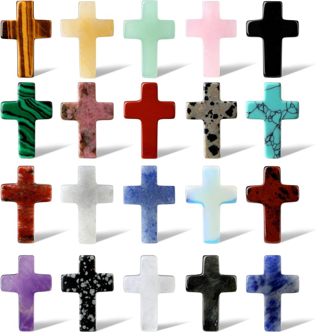QINJIEJIE Cross Crystal Stones Bulks Pocket Crosses Natural Gemstone 1'' Worry Stones Charm 20PCS Palm Stone for Crafts Necklace Bracelet Jewelry Making Christian Easter Halloween Decor Gifts (Mulcolored)
