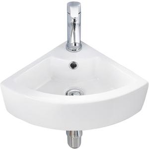 Small Corner Bathroom Sink - White Triangle Porcelain Ceramic Wall Mount Vessel Sink, Above Counter Design with Single Faucet Hole & Overflow