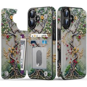 FUNMIKO for iPhone 16 Wallet Case with Card Holder + Cash Clip, RFID-Blocking, Military-Grade Drop Protection & UV-Printed Artwork, Magnetic Closure with Leather Kickstand - Blooming Tree of Life