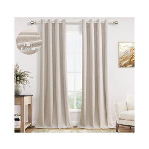 Oatmeal Linen Blackout Curtains 96 Length 2 Panels Set for Living Room Bedroom, 100% Black Out Thermal Insulated Linen Drapes, Room Darkening Grommet Curtains 96 Inches Long