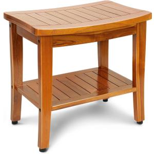 16" Compact Teak Shower Bench with Shelf, Premium Teak Shower Stool, Durable Waterproof Seat for Inside Shower, Solid Teak Wood Bench for Bathroom, Indoor & Outdoor Use