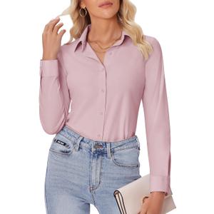 siliteelon Button Down Shirts for Women Slim fit Long Sleeve Stretch Dress Shirts Work Shirt Wrinkle Free Office Blouses (Medium, Pink)