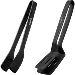 Mu&Ti Silicone Kitchen Tongs 2-in-1 11 In Premium Stainless Steel Barbecue Clamp Multipurpose BBQ Clamp Spatula for Gripper Bread Clip/Fried Steak Clamp/Flipping Fish/Beefsteak Flipper Two Set(Black)