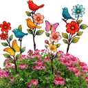 4 Pack Garden Decor for Outside Metal Flowers Garden Stakes Spring Decor 15'' Decorative Colorful Flowers Birds Butterfly Yard Art Rust Proof Plant Sticks for Yard Lawn Pathway Patio Outside