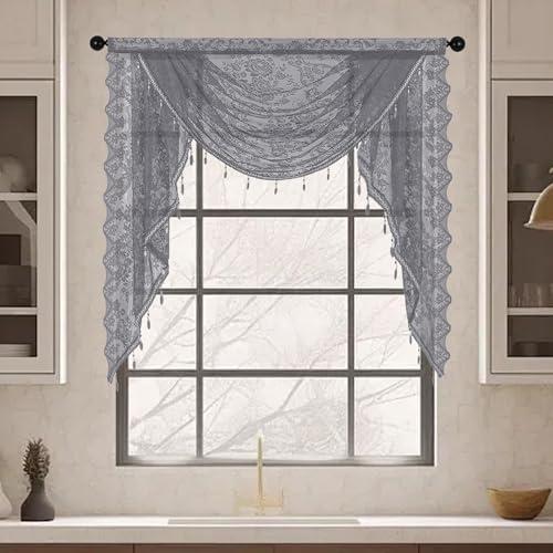 vctops Lace Beaded Waterfall Valances for Windows Floral Vintage Swag Valance Sheer Kitchen Window Curtains Over Sink Curtain Valance for Living Room Bedroom Bathroom Cafe (Grey,39"x41")