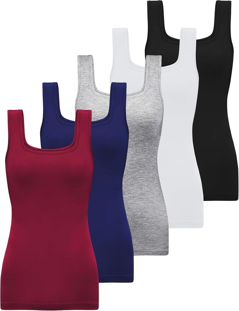 BQTQ 5 Pack Womens Square Neck Tank Tops Sleeveless Ladies Tank Top Undershirts (Small, Black, White, Gray, Darkrednavy)