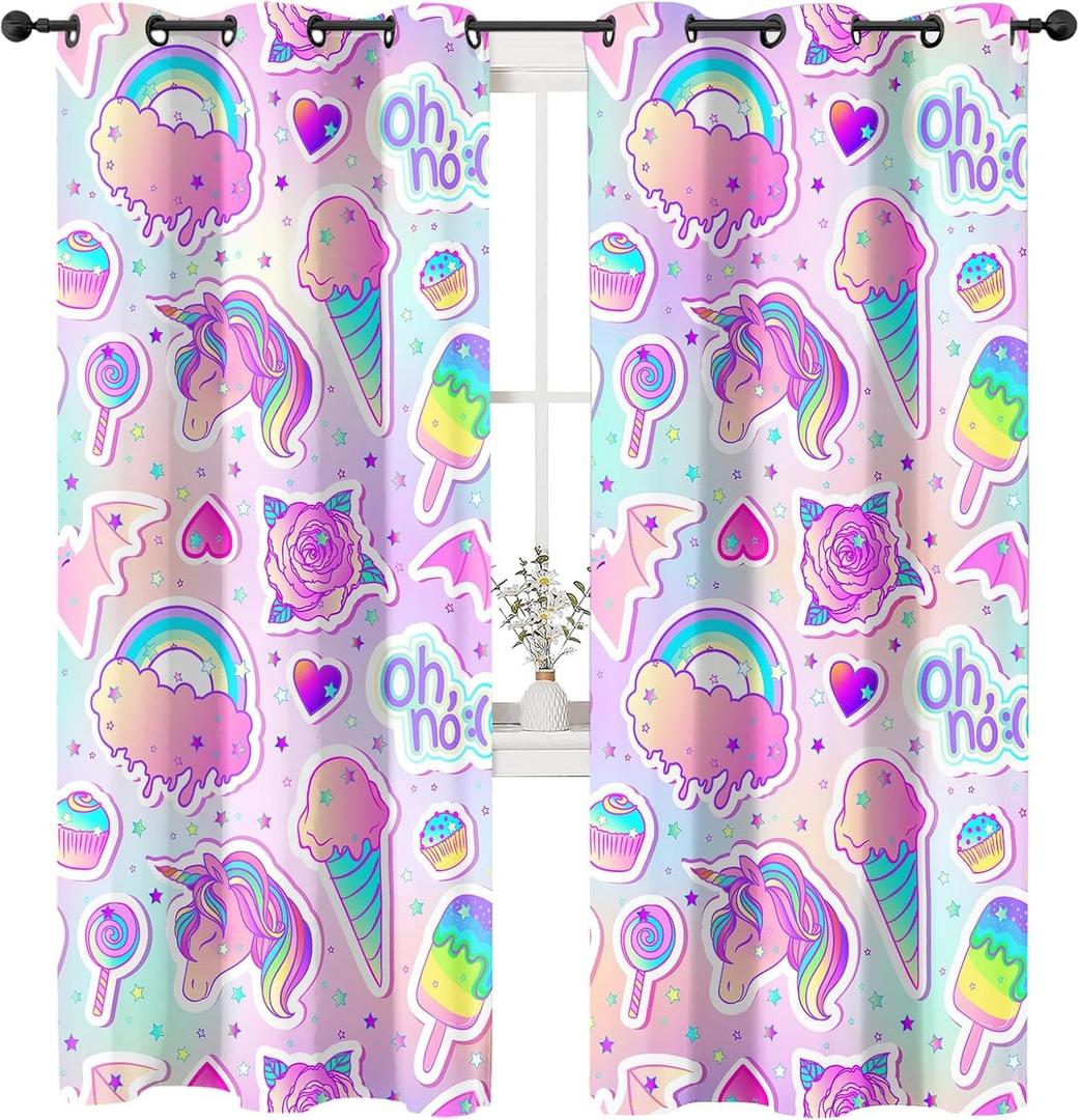 Rainbow Colorful Unicorn Curtains for Kid Living Room, Cream Bat Rose Solid Thermal Insulated Grommet Drapes, Room Darkening Window Curtain Panels(Set of 2, 52x96 Inch), XX240112005-DCL2-5296