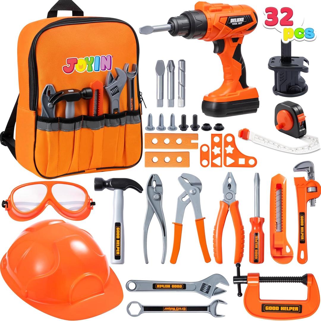 JOYIN 32PCS Kids Tool Set, Toddler Tool Toys with Construction Backpack Costume & Electronic Toy Drill for Boy Girl, Birthday Gift for Toddler Boys Age 3 4 5 6