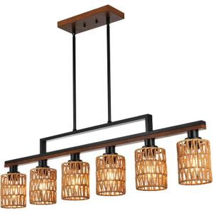VINLUZ 6 Light Kitchen Island Lighting,Metal Farmhouse Dining Room Chandelier Rustic Linear Pendant Lighting for Kitchen Island Dining Living Room,Black Metal & Wood