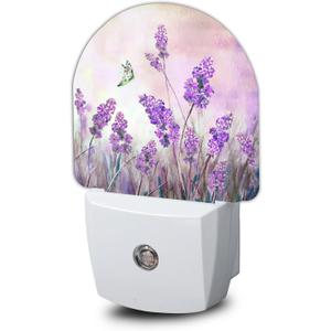 Lavander Flower Butterfly Night Light,Night Lights Plug into Wall with Dusk to Dawn Sensor,Lamp for Bedroom Bathroom Hallway Nightlight for Women Girls