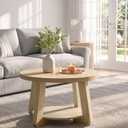 30" Round Coffee Table with Storage Shelf for Living Room, Natural