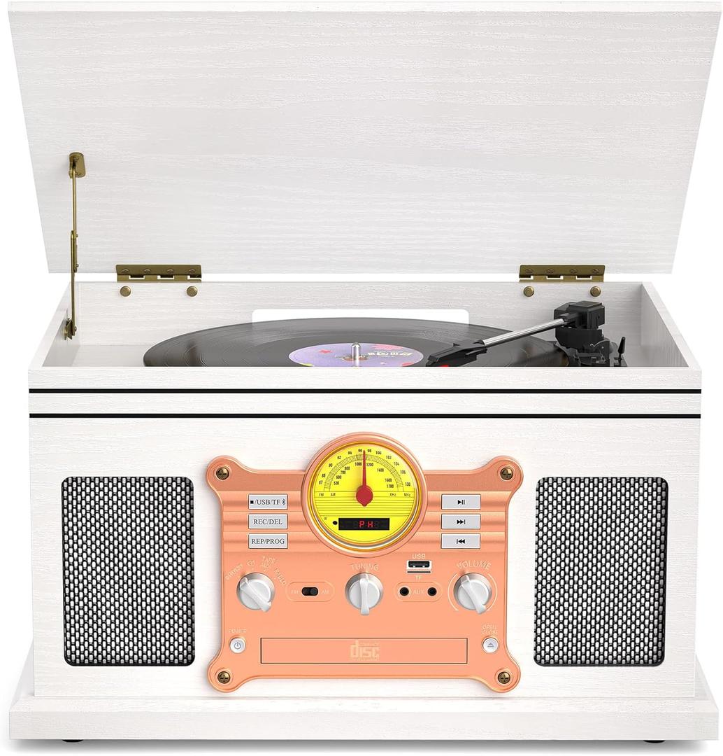 Vinyl Record Player and CD Player Cassette Combo, 10 in 1 Bluetooth Record Player with FM/AM Radio USB/TF Recording & AUX/RCA, Vintage 3-Speed Turntable for Home Decor, Gift Ready (White Wood)