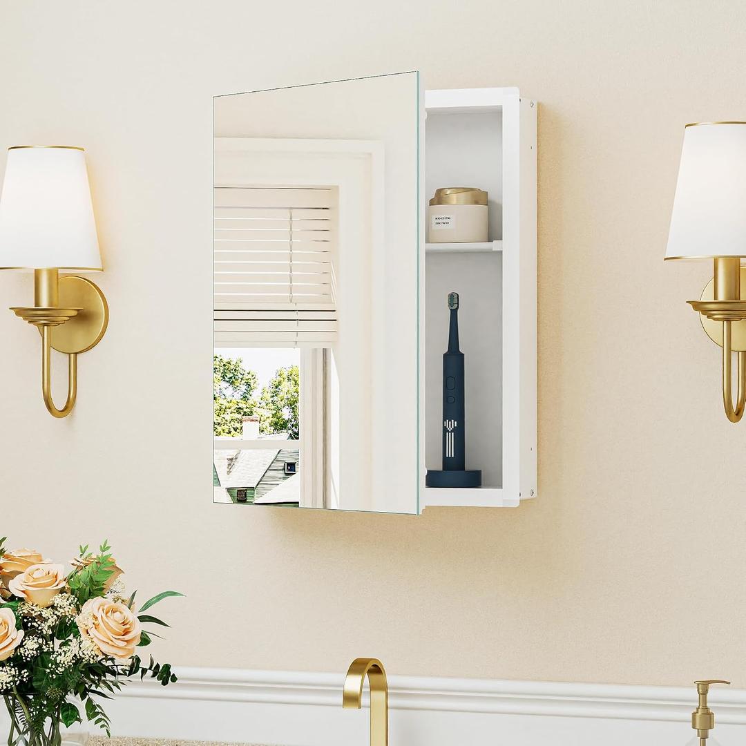 Keonjinn White Medicine Cabinet 14 x 18 Inch, Assembly Required, Mini Medicine Cabinet Mirror for Compact Bathroom, Free Adjustable Shelves, Wall Mount or Recessed, Tempered Glass