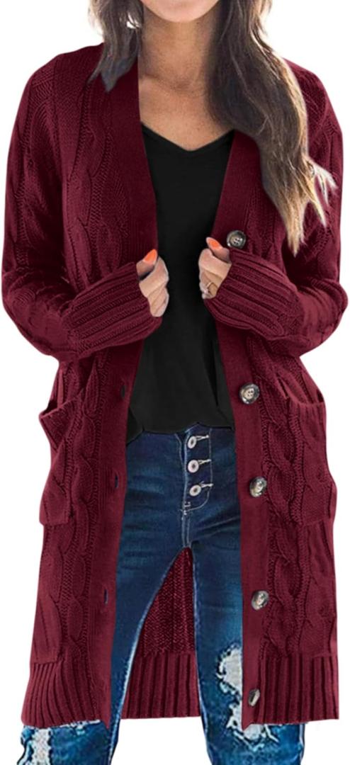 PRETTYGARDEN Long Sleeve Cable Knit Long Cardigan for Women 2025 Fall Winter Chunky Open Front Button Sweaters with Pockets (Medium, Red)