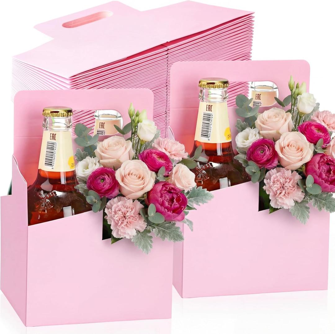 Jetec 50 Pcs 4 Cup Drink Carrier with Handle, Kraft Paperboard Beer Carrier, Disposable Drink Holder for Hot or Cold Drinks, 12-16 oz Bottle Holder for Food Delivery Beverages (Pink)