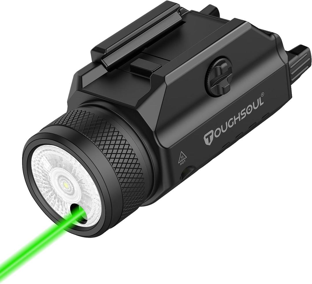 TOUGHSOUL 1200 Lumens Picatinny Rail Mount Pistol Light Green Laser Combo, White LED Flashlight with Green Beam Powered by Built in Rechargeable Battery, Picatinny Mounted