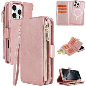 VANAVAGY Compatible for iPhone 16 Pro Max Wallet Case with RFID Blocking Card Holder for Magsafe, PU Leather Magnetic Snap Wallet Detachable Phone Case with Kickstand for 16 promax 6.9inch, Rose Gold