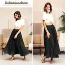 Ezcosplay Women Bohemian Beach A-Line Dress Double Layer Elastic Waist Long Maxi Skirt (Black)