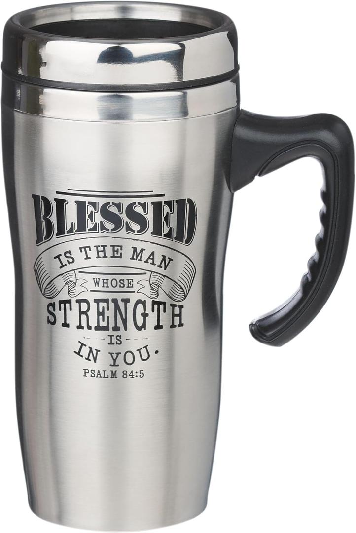 Christian Art Gifts Stainless Steel Travel Mug Double-Wall Vacuum Insulated Coffee Cup with Lid and Handle 16 oz BPA-free Lead-free Eco-Friendly Mug - Blessed Is The Man - Psalm 84:5