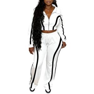 Women Striped 2 Piece Outfits Long Sleeve Zip Up Jacket Top and Wide Leg Pants Set Tracksuits with Pocket, Medium, White